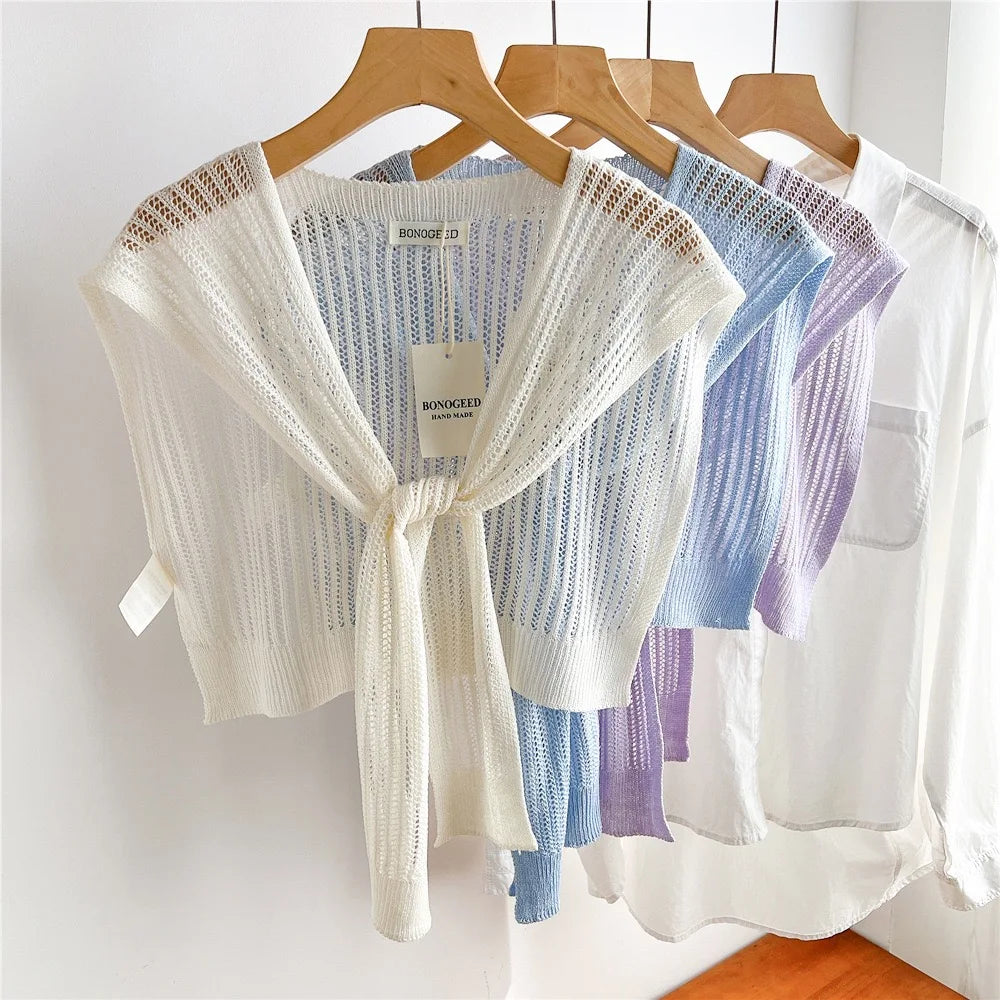 Women Plain Solid Lace Hollow Out Shawls Summer Air Conditioning Fake Collar Neck Guard Knit Thin Knotted Cape Shoulder Scarves