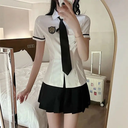 2025 improved daily jk uniform summer new white short/long sleeve shirt + pleated skirt jk uniform two-piece set for women w237