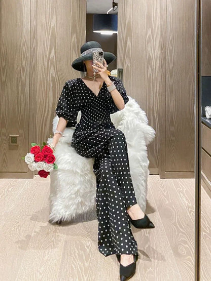 Jumpsuit Women Summer New Temperament Polka Dot V-neck High Waist Casual Wide Leg Jumpsuit Elegant Party One Piece Jumpsuits