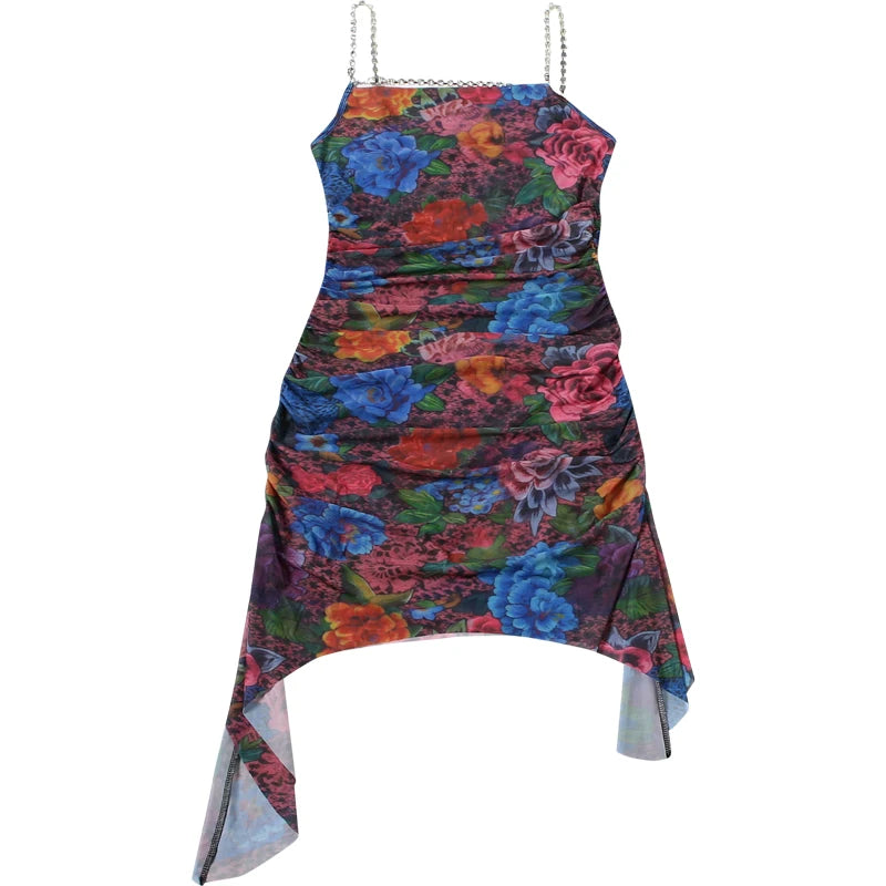 Kliou Floral Print Mini Dress Woman Rhinestone Chain Low-Neck Backless Irregular Hem Midnight Club Party Sexy Fashion Bodycon