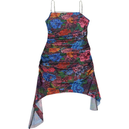 Kliou Floral Print Mini Dress Woman Rhinestone Chain Low-Neck Backless Irregular Hem Midnight Club Party Sexy Fashion Bodycon