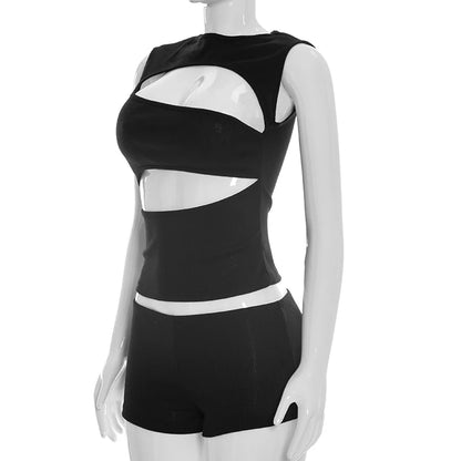 Chic Women Black Round Neck Sleeveless Cut Out Tank Top and Shorts Set for Casual Sexy Party