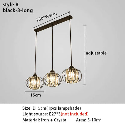 Crystal LED Pendant Lights For Dining Room Living Room Nordic Black Iron Shade 1/3 Lights Kitchen Decor Hanging Ceiling Lamp