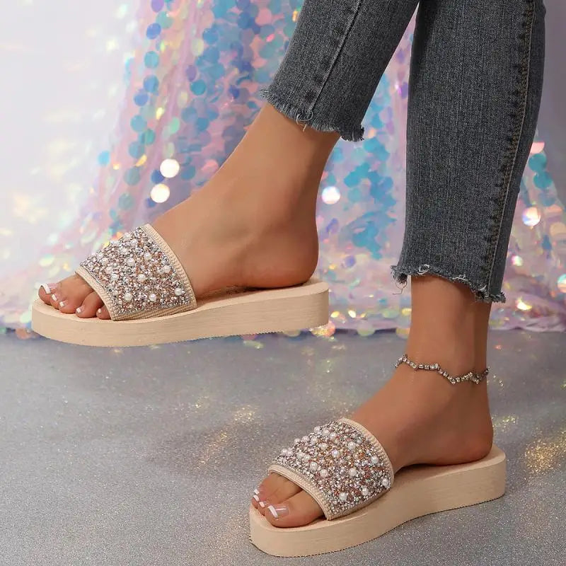 Luxury Rhinestore Platform Wedge Heel Sandals Women Summer 2026 Lightweight Non Slip Slippers Lady's Elegant Pearl Beach Shoes
