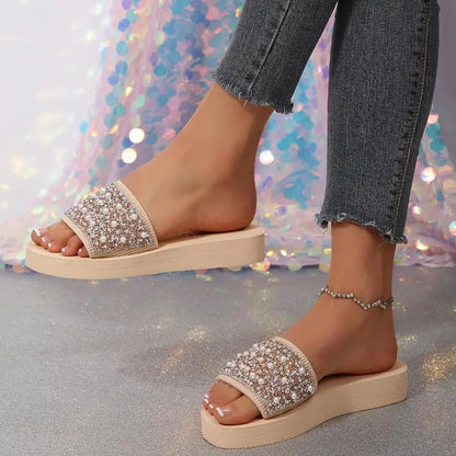 Luxury Rhinestore Platform Wedge Heel Sandals Women Summer 2026 Lightweight Non Slip Slippers Lady's Elegant Pearl Beach Shoes