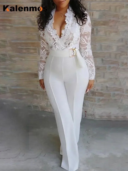 White Jumpsuit Women Overalls Elegant Lace Long One Piece High Waist Feather Y2k Sexy Wedding Party Night Evening Rompers