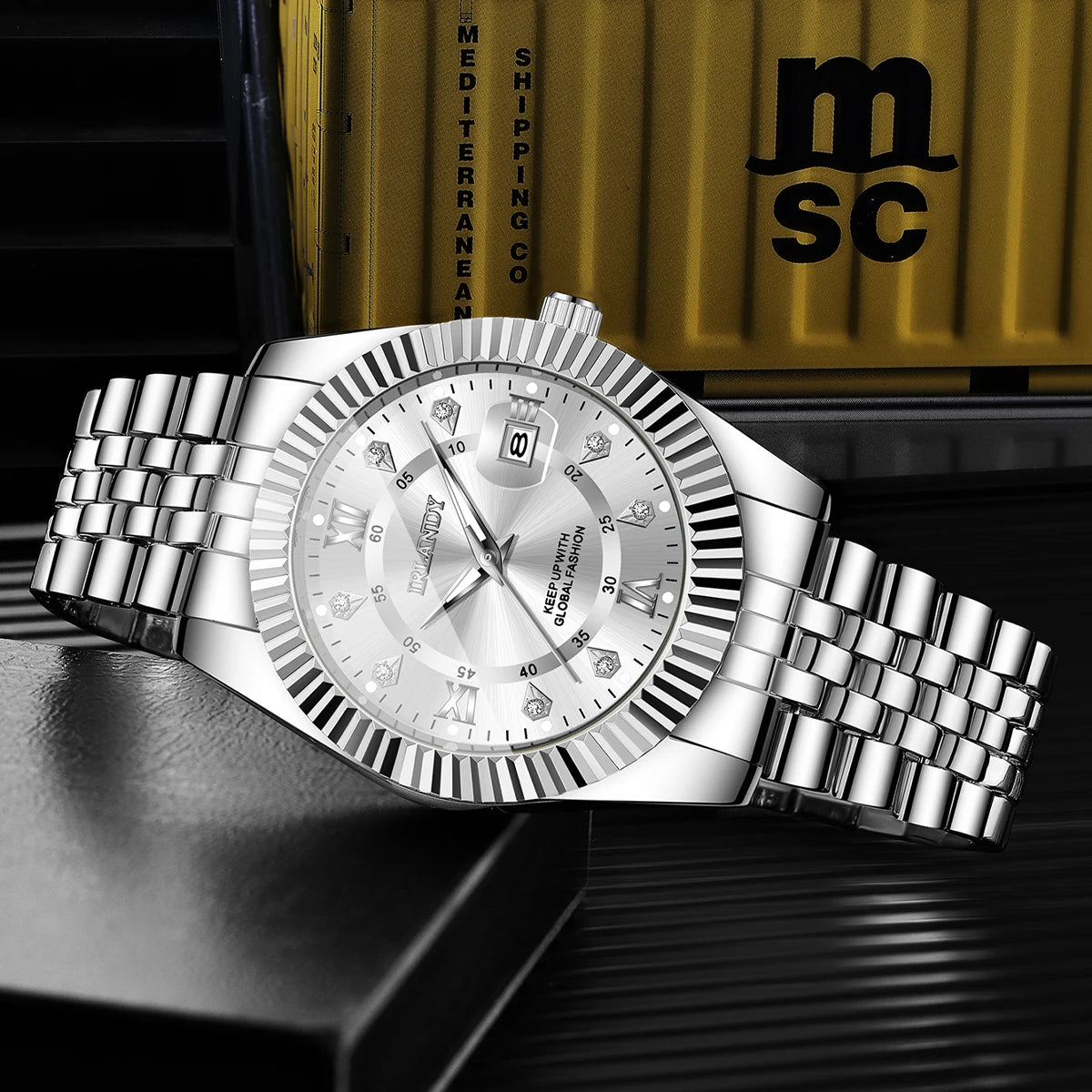 Luxury Rhinestone Roma Dial Men Business Watches Fashion Men's Calendar Quartz Watch with Stainless Steel Strap (Without Box)