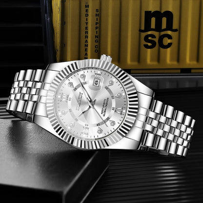 Luxury Rhinestone Roma Dial Men Business Watches Fashion Men's Calendar Quartz Watch with Stainless Steel Strap (Without Box)