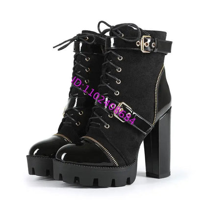 Design Women Black Leather Round Toe Rivets Metal Zippers Block High Heel Thick Bottom Ankle Boots Belt Buckles Platform Boots