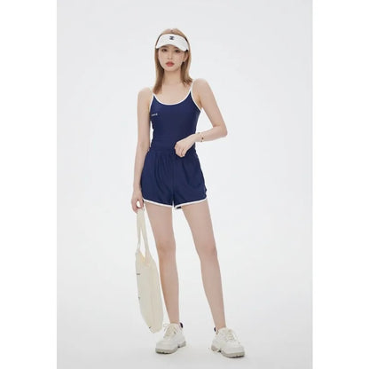Sports Navy Blue Two-piece Swimsuit Set with Suspenders and High Waisted Shorts Suitable for Beach Swimming Pool Training