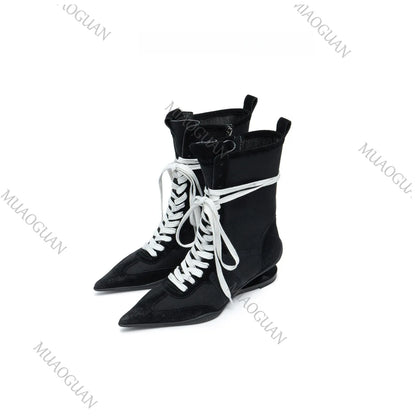 Fashion Strange Heel Women Knight Boots Pointed Toe Retro High Heel Ankle Booties Female Cross-tied Street Style Comfort Shoes