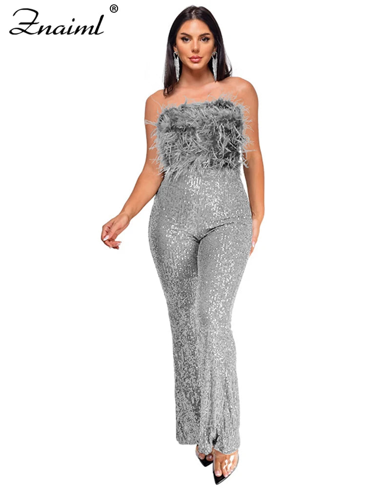 Znaiml New Luxury Sequins Jumpsuit with Colorful Feathers Sleeveless Shiny Dress Women's Evening Birathday One Pieces Rompers