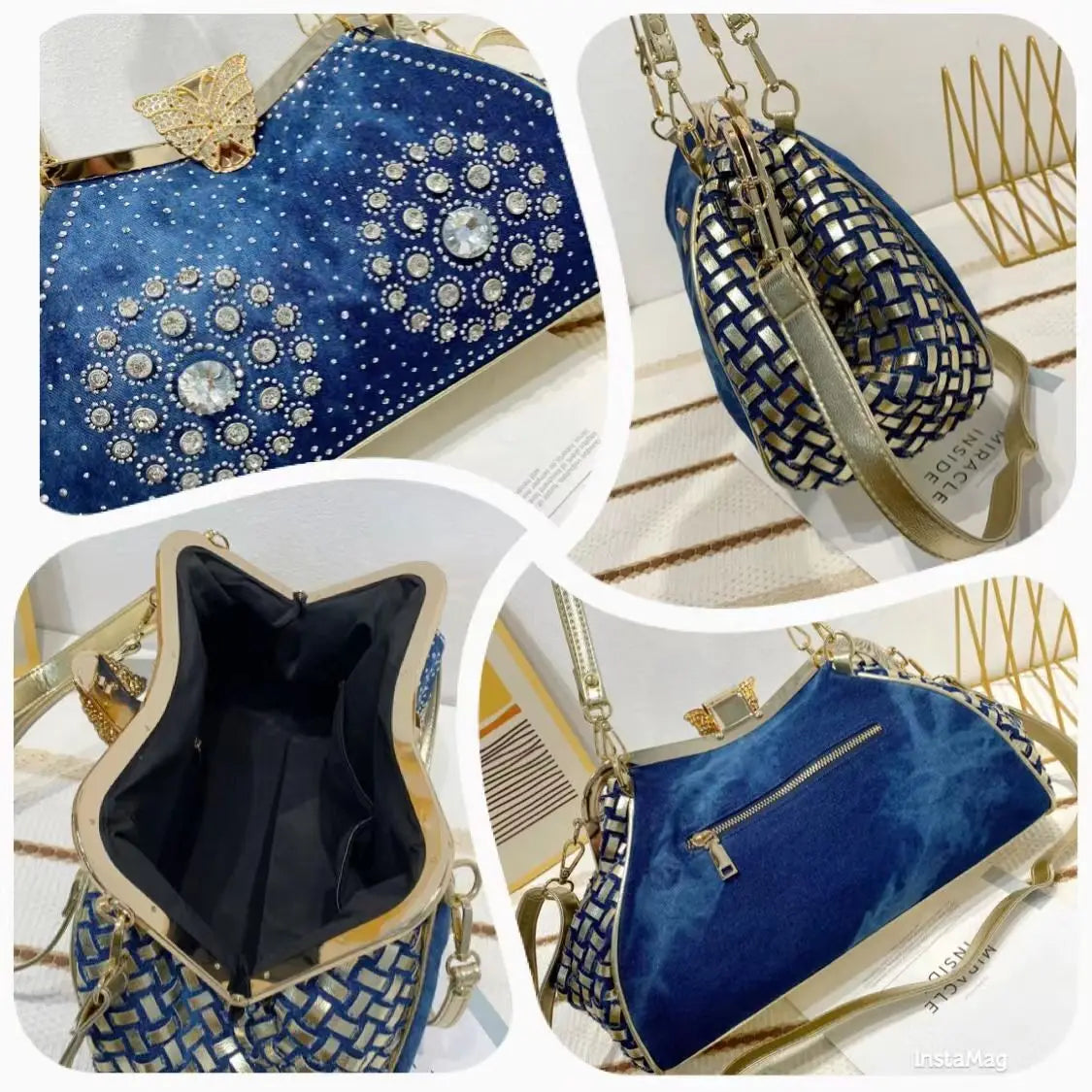 Denim Rhinestones Women Handbag Clutch Bag For Evening Party Chic Butterfly Decoration Ladies Denim  Shoulder Bag