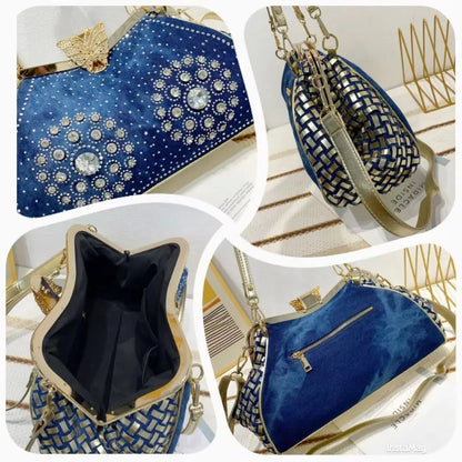Denim Rhinestones Women Handbag Clutch Bag For Evening Party Chic Butterfly Decoration Ladies Denim  Shoulder Bag