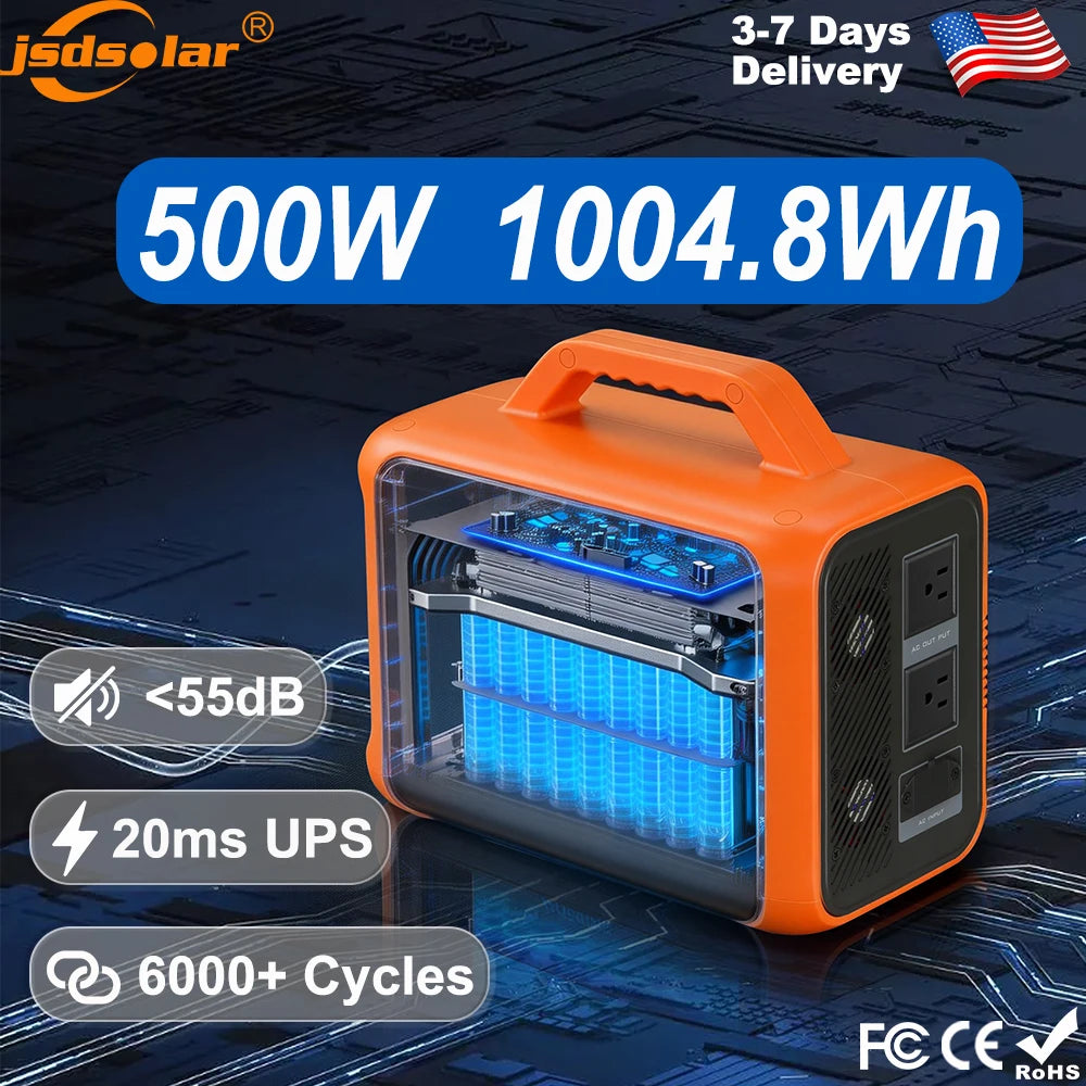 jsdsolar 500W Portable Solar Powered Charger Kit 1004.8wh Solar LifePO4 Battery Power Station Support Solar Panel Charger for Car RV Boat Motorcycle Camping Outdoor 6000+ Cycles Energy Supply Generator 20ms UPS