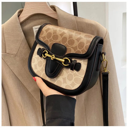 Women Retro Print Saddle Crossbody Bag Luxury Horse Bit Buckle Small Shoulder Bag Fashion PU Leather Ladies Daily Handbag