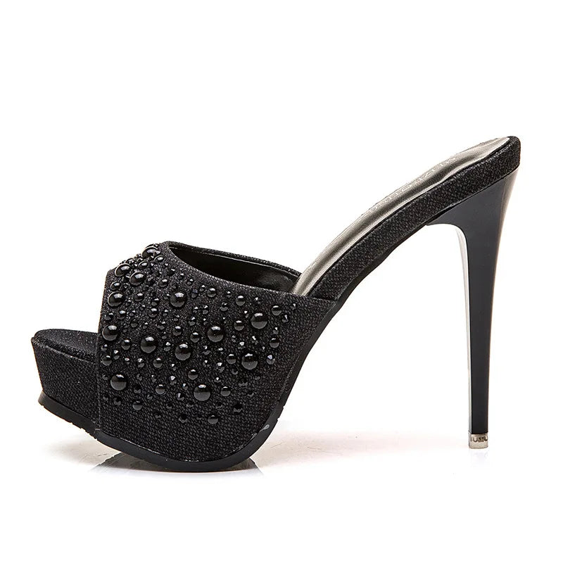 Women Crystal Slippers 2024 New Fashion Platform 12CM Thin High Heels Designer Slides Sandals Luxury Rhinestones Summer Shoes