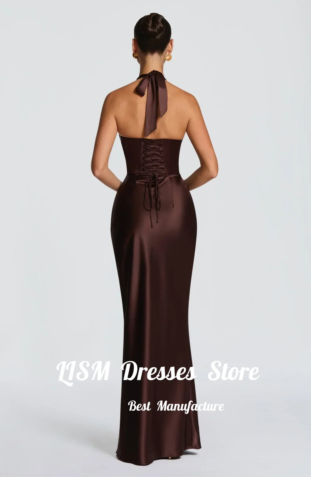 Lism Simple Satin Sheath Formal Evening Dress Women 2026 Halter Sleeveless Pleat Open Back Prom Dress Party Gowns Customized