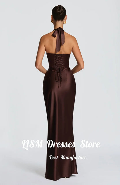 Lism Simple Satin Sheath Formal Evening Dress Women 2026 Halter Sleeveless Pleat Open Back Prom Dress Party Gowns Customized