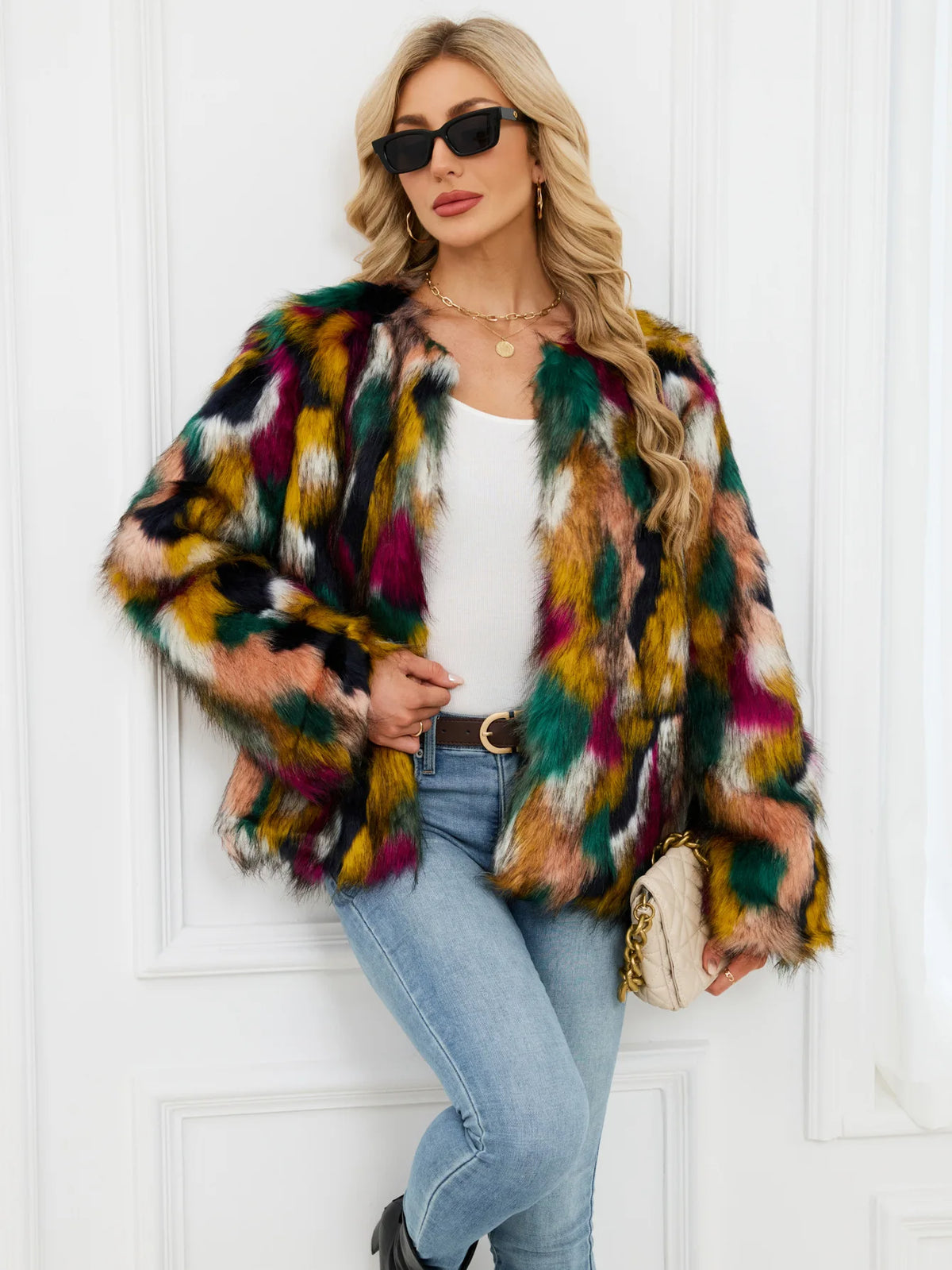 2026 Autumn Winter Color Print Faux Fur Coat Women Casual Long Sleeve Fluffy Plush Jacket O Neck Thick Fake Fur Warm Outwear