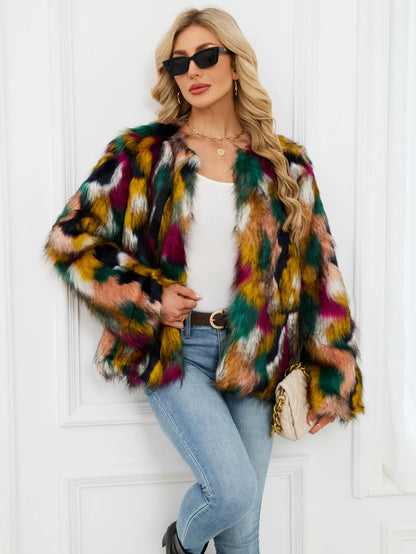 2026 Autumn Winter Color Print Faux Fur Coat Women Casual Long Sleeve Fluffy Plush Jacket O Neck Thick Fake Fur Warm Outwear