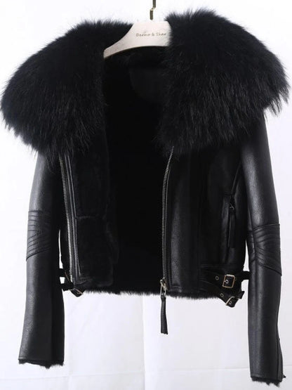 OFTBUY Hot Sales Sheepskin Fur Coat Fashion New Winter Real Leather Jacket Raccoon Fur Collar Women Clothing Integrated Fur Coat