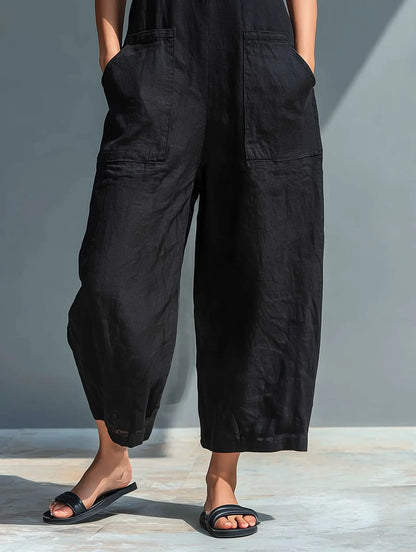 Cotton And Linen Jumpsuit Women Stand Collar Sleeveless Pocket High Waist Wide Legs Jumpsuits Casual Commuting Ladies Bodysuits