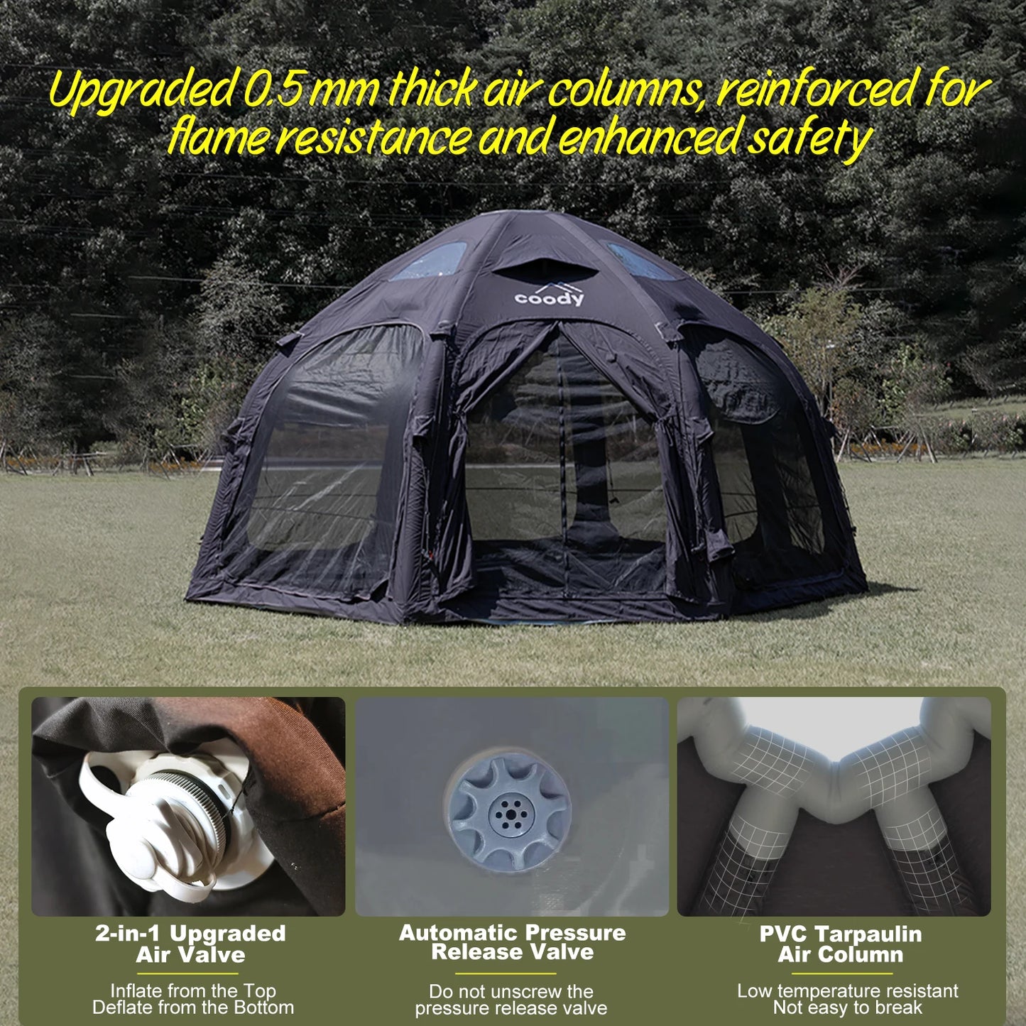 Coody Dome Air Tent Black Classic Geodesic Inflatable Shelter Outdoor Camping Family Dome Canopy Tent