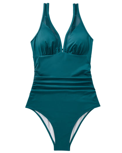 Women Sexy Mesh One Piece Swimsuit Tummy Control Ruched Slimming Shapewear Bathing Suits Lace Up Back Swimwear Monokini Mujer