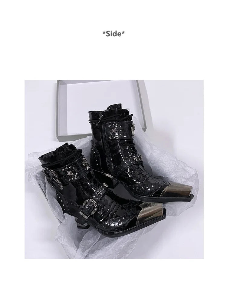 Gothic Punk Style Platform Couple Ankle Boots Designer Metal Decorative Belt Buckle Women Mans Motorcycle Booties Zapatos Hombre