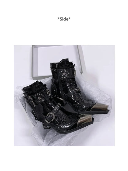 Gothic Punk Style Platform Couple Ankle Boots Designer Metal Decorative Belt Buckle Women Mans Motorcycle Booties Zapatos Hombre