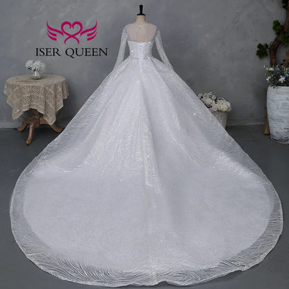 Customized Sheer Neck Long Sleeves Wedding Dress 2026 New Fashion Pearls And Crystal Beaded Luxury Wedding Dress Bride WX0467