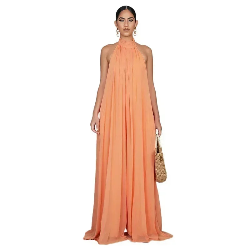2026 New Women's Solid Chiffion Loose Halter Jumpsuits Sexy Backless Wide Leg Pants Rompers Fashion Party Elegant Women Clothing