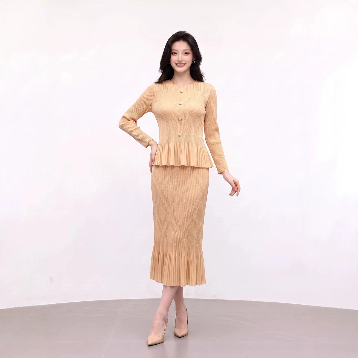 Miyake Pleated Skirt Set Plisse 2026 Autumn New Single-Breasted Flared Long Sleeve Cardigan Top Length Set Slim Fit Versatile