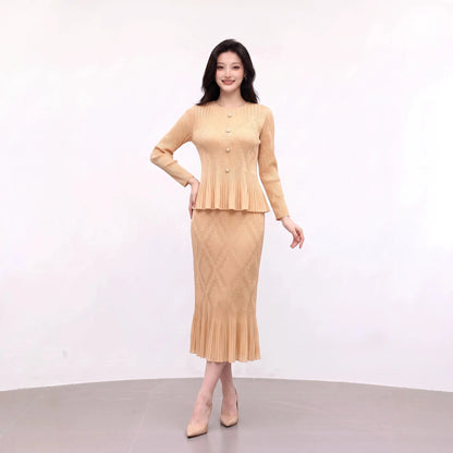 Miyake Pleated Skirt Set Plisse 2026 Autumn New Single-Breasted Flared Long Sleeve Cardigan Top Length Set Slim Fit Versatile