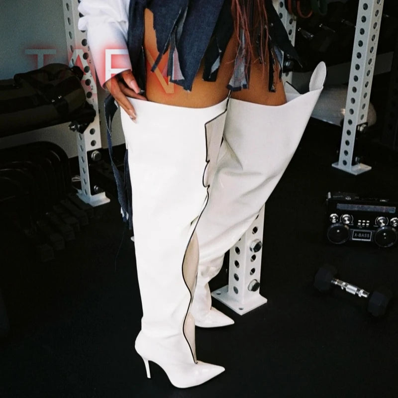Women Patent Leather Crotch Boots Sexy Body Shape High Heels Over Knee Boots Ladies Back Zip Party Dress Shoes Botas De Mujer