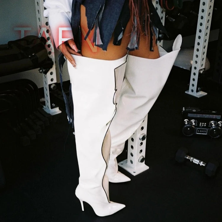 Women Patent Leather Crotch Boots Sexy Body Shape High Heels Over Knee Boots Ladies Back Zip Party Dress Shoes Botas De Mujer