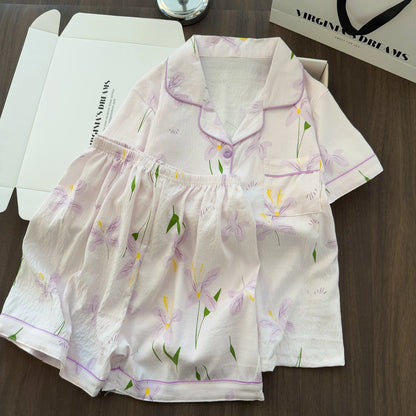 Women Summer Lapel Open Front Pajama Set Short Sleeve Top Shorts, Sweet Ins Teen Loungewear, Casual Daily Outdoor Home Wear Suit