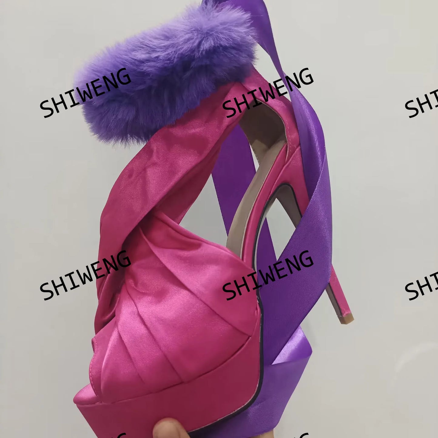 Lady fur sexy Pink feather design lace up high heels open toe T show sandals solid elegant pumps banquet footwear party shoes