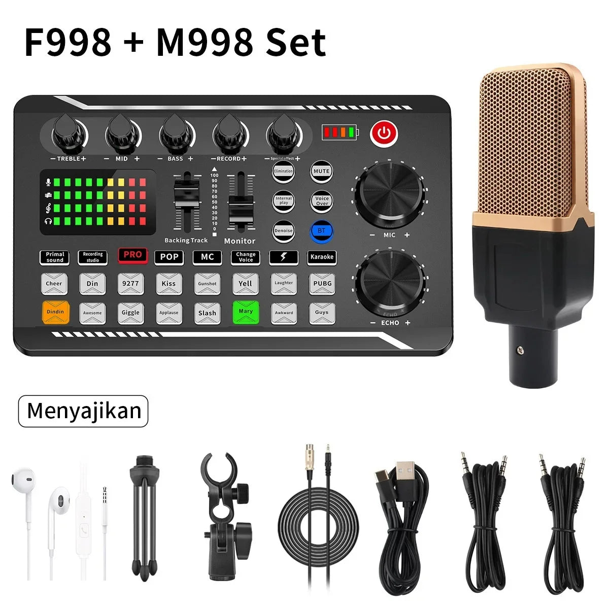 F998 Live Streaming Sound Card Kit Rechargeable Condenser Microphone With Stand Bluetooth Mixer For Streaming Recording