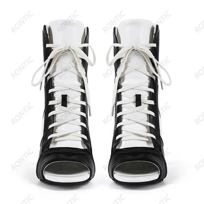 Rontic Women Red Black Color Block Peep Toe Ankle Booties, Lace Up Stiletto Heel Cutout Patchwork Fashion Open Toe Party Shoes