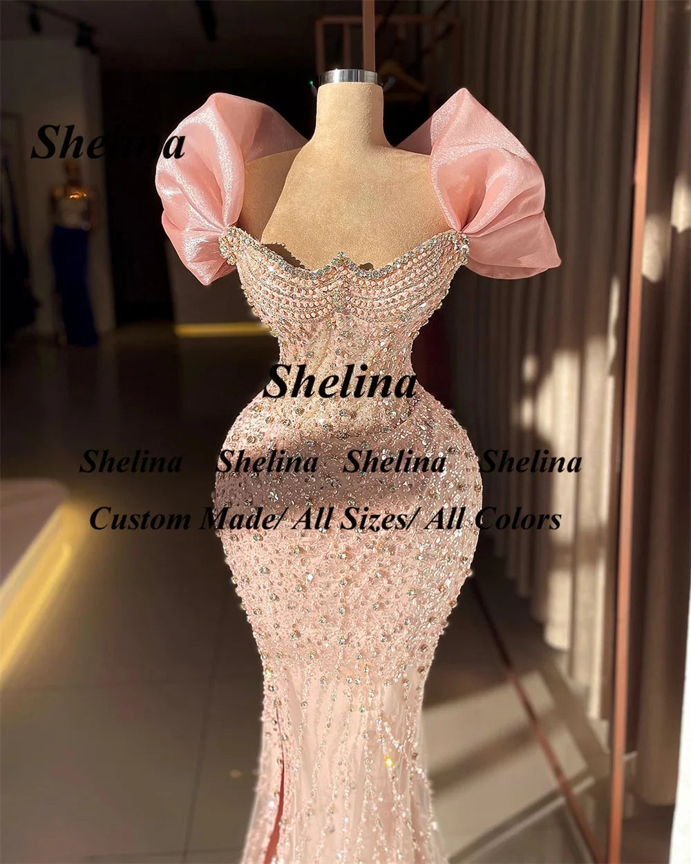 Shelina Fancy Tulle Prom Dresses for Women Off the Shoulder Rhinestones Sheath Slit Formal Party Robes De Soiree Customized