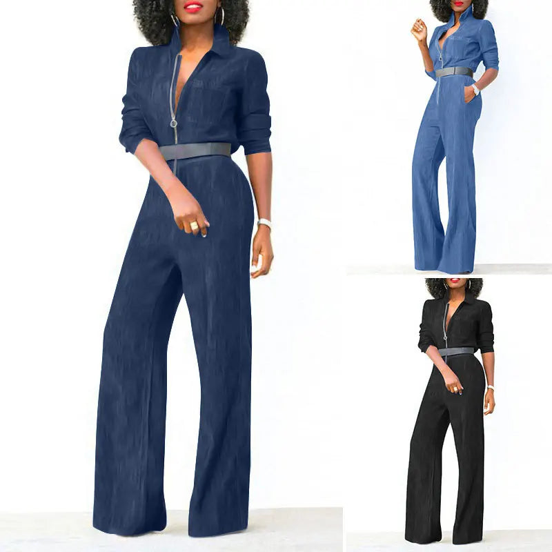 2024 Spring New Women's Jumpsuit Street Style Retro Washed Denim Fabric Lapel Half Open Long Sleeved Women's Jumpsuit
