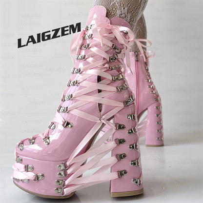 LAIGZEM Women Ankle Boots Side Zip Up Lace Up Thick High Heels Boots Cosplay Gothic Ladies Shoes Woman Large Size 38 41 43 47 52