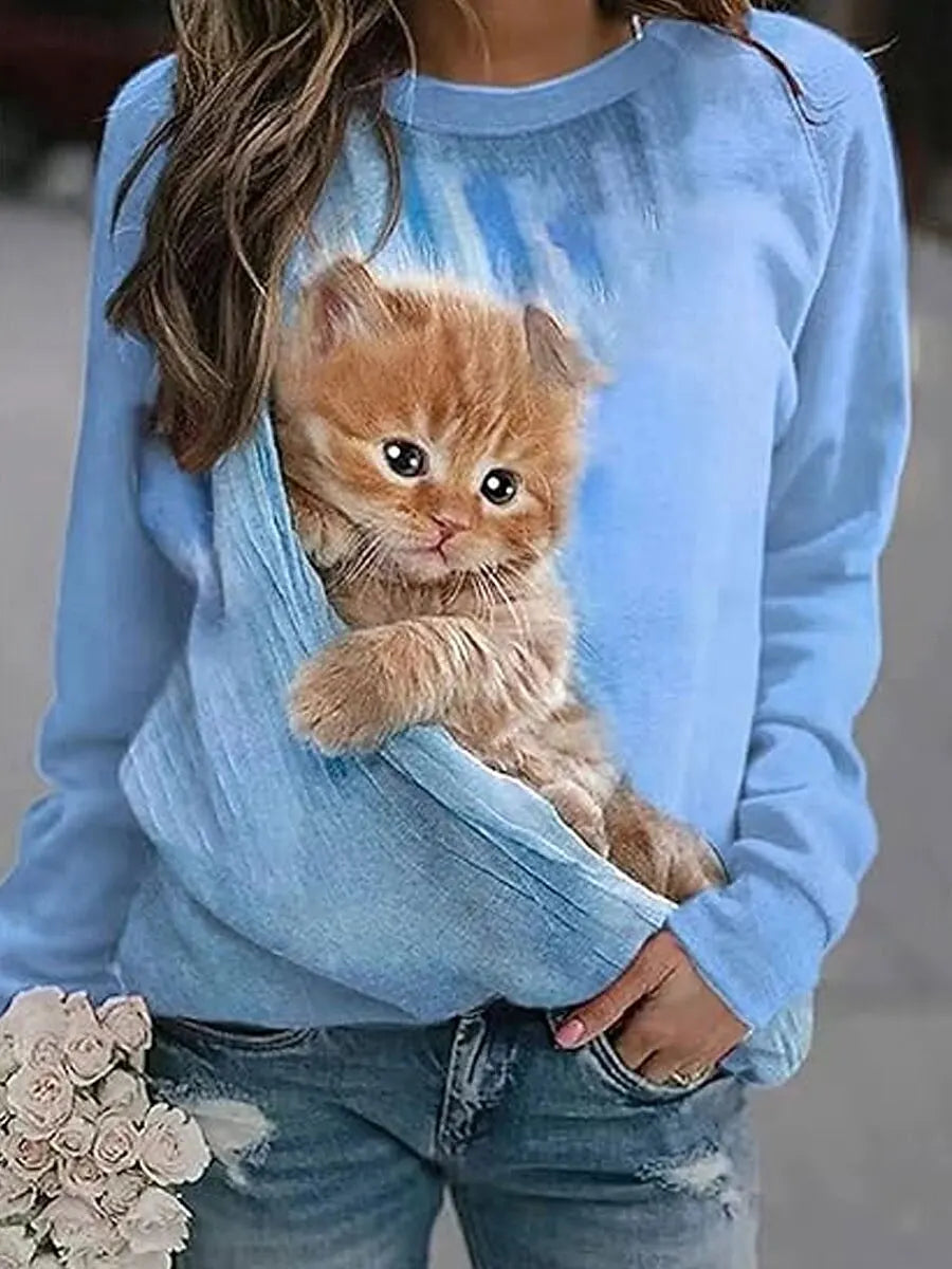 2025 Fashion Women's Cute Cats Graphic Sweatshirt 3D Print O-Neck Long Sleeve Tops Women's Apparel Y2K Streetwear Fall Pullover
