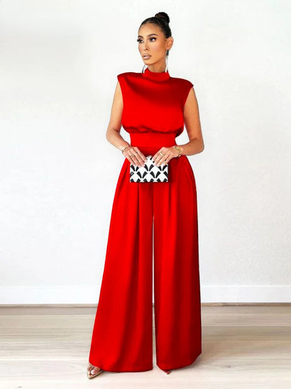 Women's Jumpsuit 2024 Spring Summer New Elegant Wide Leg Pants Bodysuit High Collar Sleeveless Jumpsuits for Women Full Length
