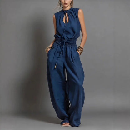 Summer Fashion Elastic Waisted Wide Leg Jumpsuit Women's Sleeveless Sexy Deep V-Neck Lace-up Loose Pockets Female Rompers 2026