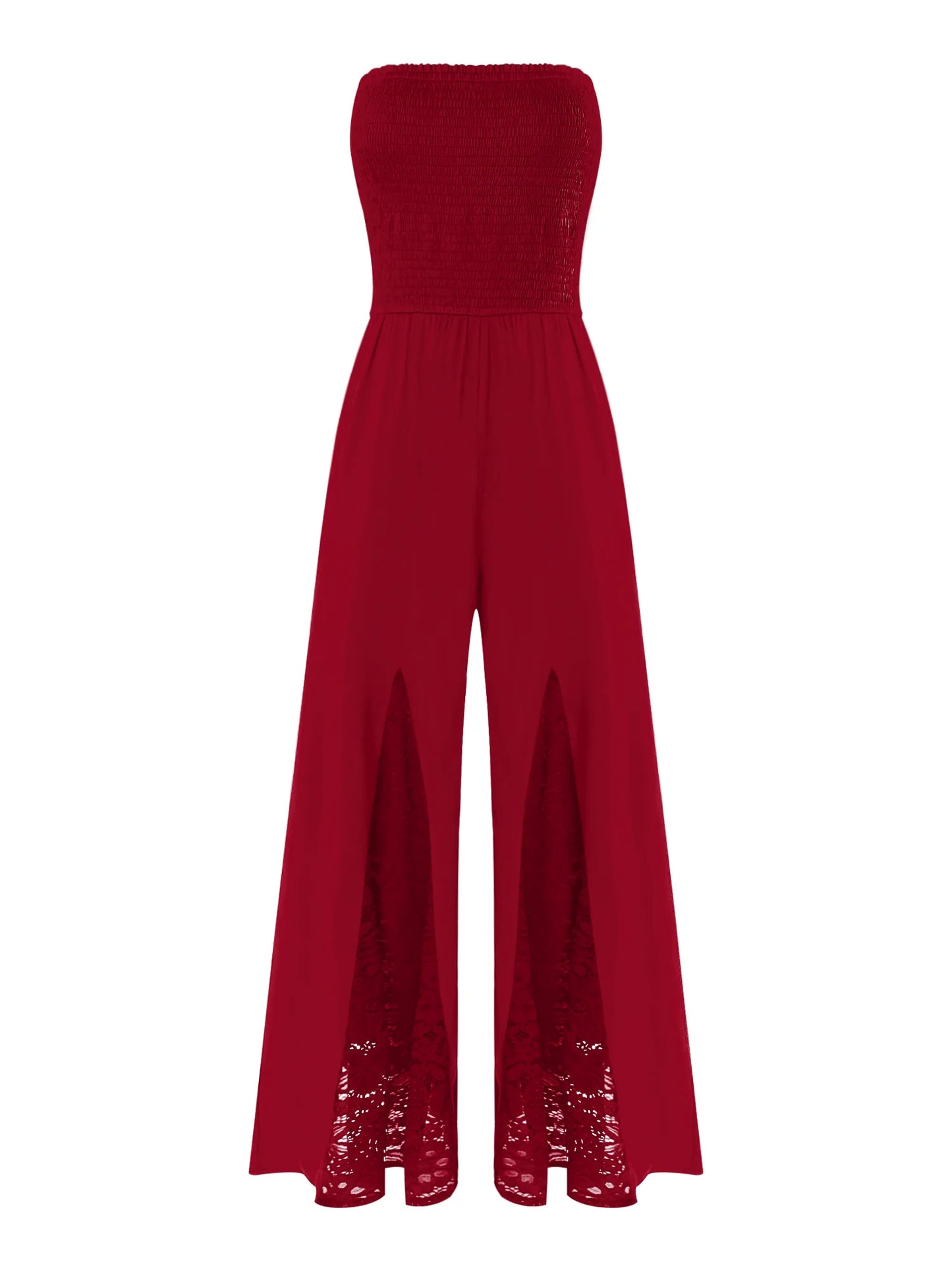 Women Strapless Jumpsuit Bandeau Elastic Bodice Sheer Floral Lace Patchwork Wide Leg Romper for Beach Vacation Party