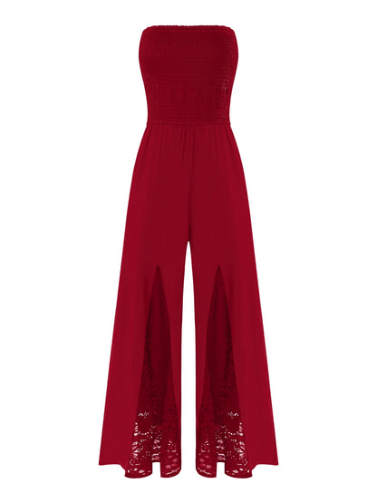 Women Strapless Jumpsuit Bandeau Elastic Bodice Sheer Floral Lace Patchwork Wide Leg Romper for Beach Vacation Party