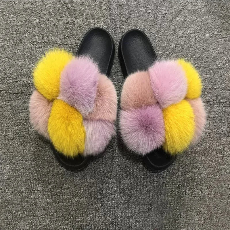 Natural Fox Fur Slippers, Fashionable Outdoor Multi-Color Animal Hair Slippers, Women's Gifts, Soft EVA Sole Slippers, On Trend